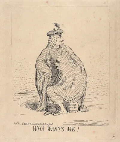 Henry Dundas, wearing traditional Scottish costume, protects William Pitt the younger under a large tartan cape; implying Dundas's sympathetic attitude towards Pitt referred to by Courtenay in a famous speech