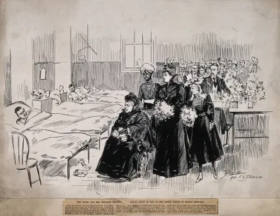 Her Majesty Queen Victoria and entourage visiting soldiers wounded during the Boer War, in a ward at Netley Hospital