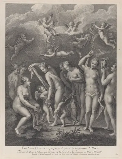 Hera, Aphrodite, and Athena preparing themselves for the contest of beauty before Paris; from 'Recueil d'estampes d'après les plus beaux tableaux et d'après les plus beaux desseins qui sont en France, Cabinet Crozat' after Perino del Vaga