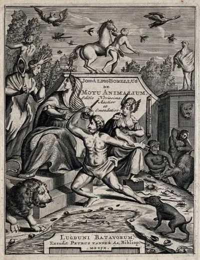 Hera, Hercules, Athena (?) and other Greek divinities with birds, a lion, a dog and a cow; representing animal locomotion