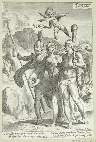 Herakles med Mars, Minerva og Amor, der viser den stenede vej til de udødeliges tempel