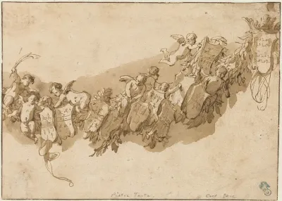 Heraldische guirlande omgeven door engelen