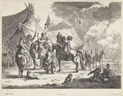Heraut en soldaten in een legerkamp