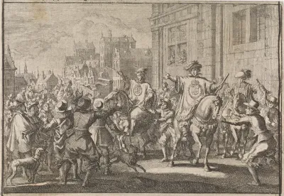 Heraut van koning Lodewijk XIII leest op straat de oorlogsverklaring aan Spanje voor, 1635