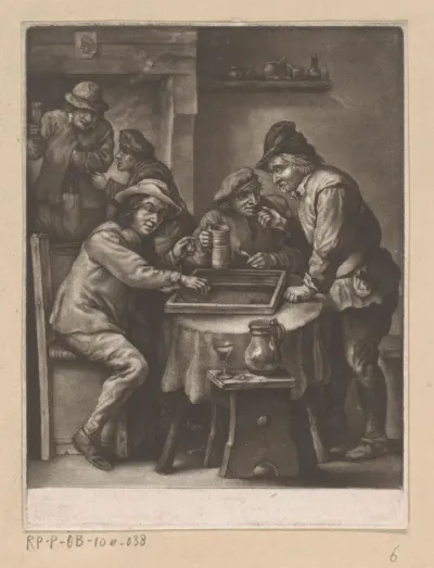 Herberg met drinkende en triktrakkende mannen