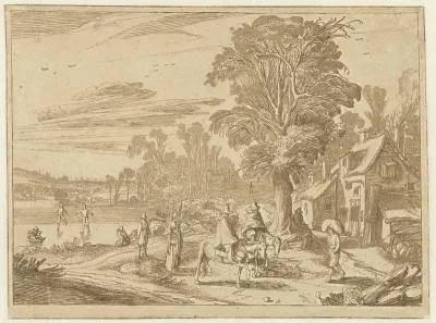 Herberg met grote boom en figuren bij het ijs