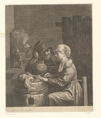 Herberginterieur met boer en jonge vrouw