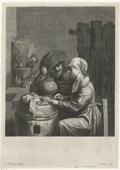 Herberginterieur met boer en jonge vrouw