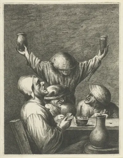 Herberginterieur met boeren