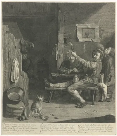 Herberginterieur met drinkende en rokende heren