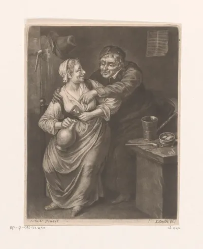 Herberginterieur met drinkende man en vrouw