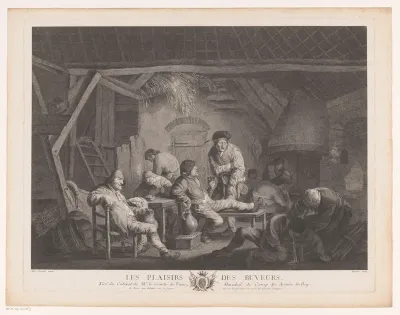 Herberginterieur met drinkende mannen