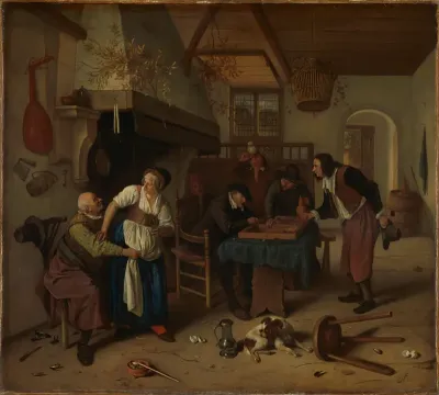 Herberginterieur met een oude man, die zich amuseert met de waardin, en triktrakspelers, bekend als 'Tweeërlei spel'
