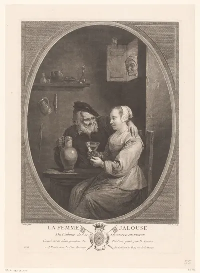Herberginterieur met een oude man en een jonge vrouw