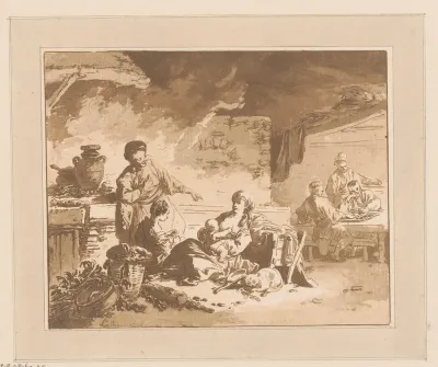 Herberginterieur met figuren en in het midden een vrouw die een kind voedt
