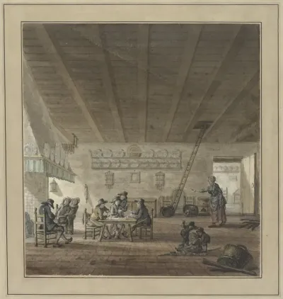 Herberginterieur met kaartspelers bij een schouw