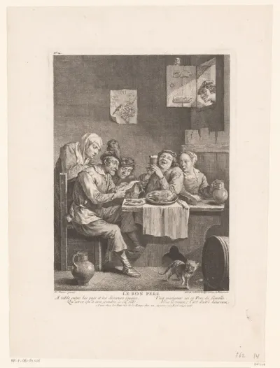 Herberginterieur met lezende man aan tafel met overige figuren
