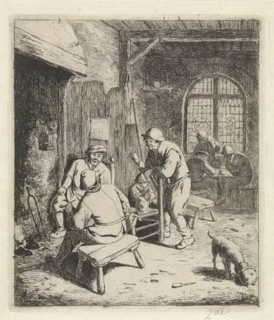 Herberginterieur met rokende en drinkende boeren