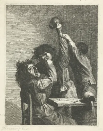 Herberginterieur met vechtende boeren