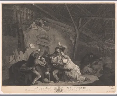 Herberginterieur met vechtende mannen