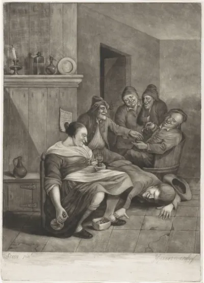 Herbergscène met een boer die onder de rok van een vrouw probeert te kijken