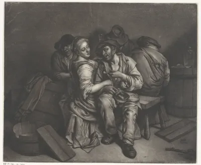 Herbergscène met vier mannen en een vrouw