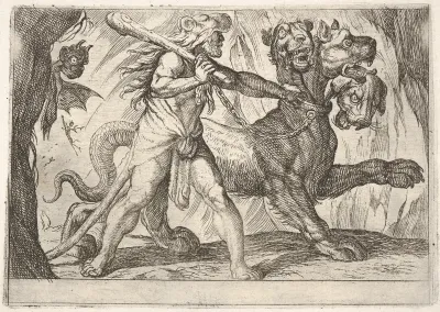 Hercules and Cerberus: Hercules grasps the collar of Cerberus, two demons appear at left, from "The Labors of Hercules"