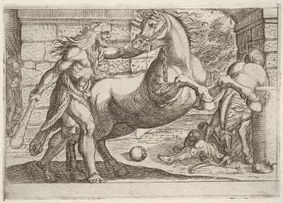 Hercules and the Mares of Diomedes: Hercules grasps the bridle of a rearing horse, a second horse tramples a figure in at right, from "The Labors of Hercules"