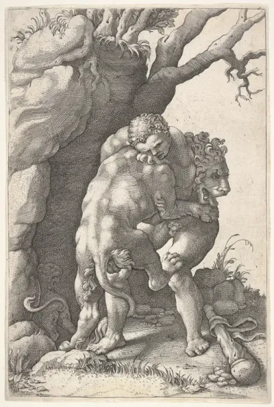 Hercules and the Nemean Lion: Hercules grasps the shoulders and chest of the lion, which is viewed from the back, beside a rocky outcrop