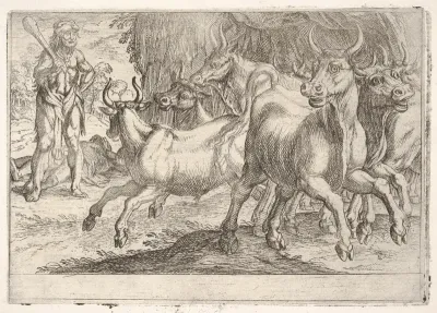 Hercules and the Oxen of Geryones: with a club raised by his right hand, Hercules confronts a group of galloping oxen, from "The Labors of Hercules"