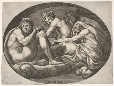 Hercules, Bacchus, Pan, and another god seated on a cloud under an arch, an oval composition, from a series of eight compositions after Francesco Primaticcio's designs for the ceiling of the Ulysses Gallery (destroyed 1738-39) at Fontainebleau