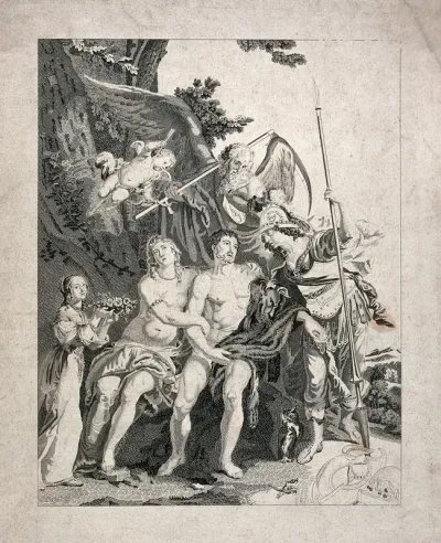 Hercules between Venus and Minerva, with Time and Cupid looking on ; a girl proffering roses on the left