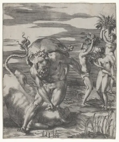 Hercules defeating the river god Acheolus in the form of a bull, with three women to his left holding cornucopias, from "Herculean Subjects"