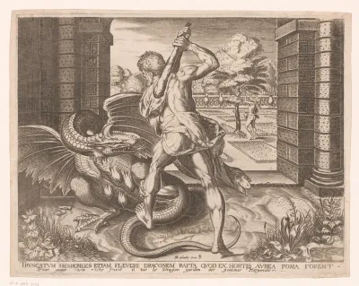 Hercules doodt Ladon en plukt de gouden appelen van de Hesperiden