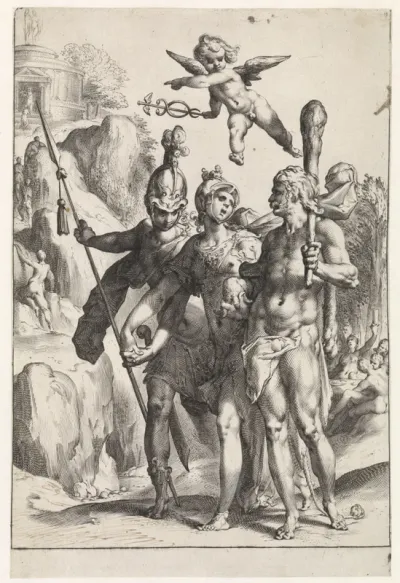 Hercules en Scipio geleid door Minerva op het pad der deugd