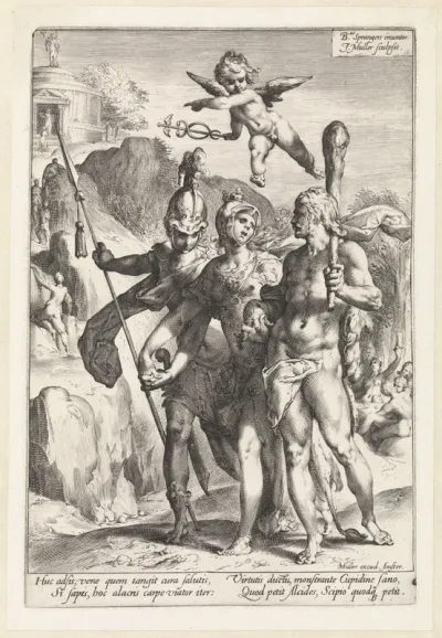 Hercules en Scipio geleid door Minerva op het pad der deugd