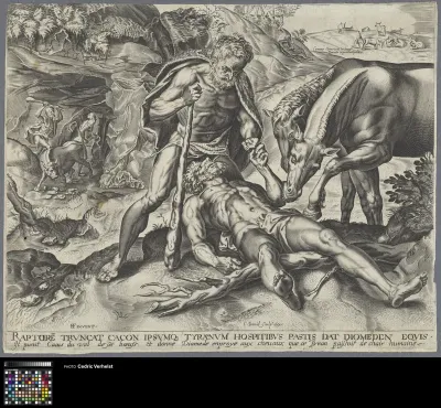 Hercules feeds Diomedes' corpse to the horses