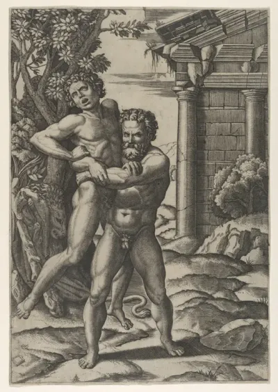 Hercules holding Antaeus by the waist and lifting him off his feet