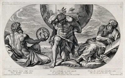 Hercules holds up the world between two philosophers representing astronomy and mathematics