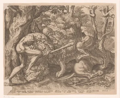 Hercules houdt de Nemeïsche leeuw in een wurggreep