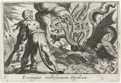 Hercules in gevecht met de hydra van Lerna