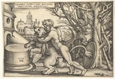 Hercules, in profile, killing the Nemean lion with his arm around its neck, from "The Labors of Hercules"