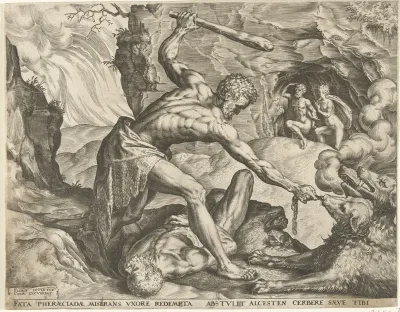 Hercules sleept Cerberus de hel uit