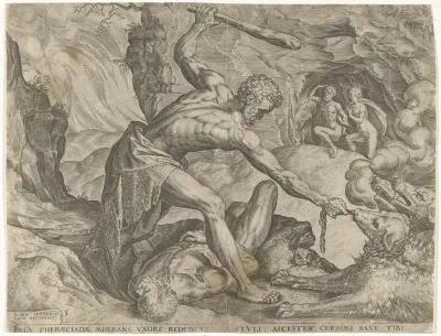 Hercules sleept Cerberus de hel uit