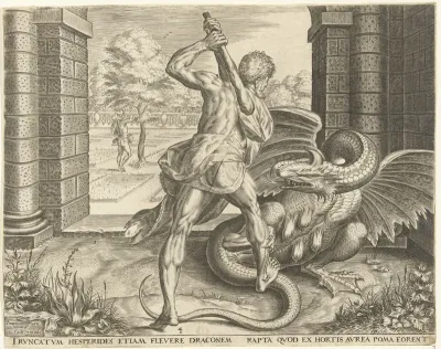 Hercules steelt de gouden appelen van de Hesperiden