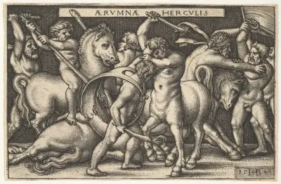 Hercules with his club in center fighting a centaur, other men fighting centaurs to left and right, from "The Labors of Hercules"