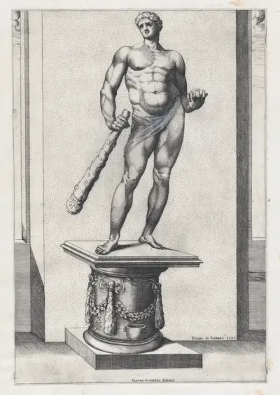 Hercules with the apples of the Hesperides, from "Speculum Romanae Magnificentiae"