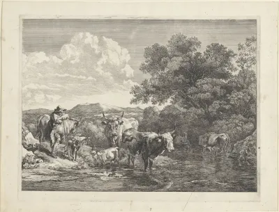 Herder bij een voorde leunend op zijn staf