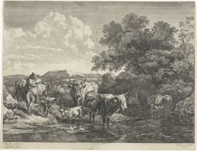 Herder bij een voorde leunend op zijn staf