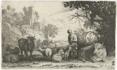Herder bij koeien, schapen en geiten